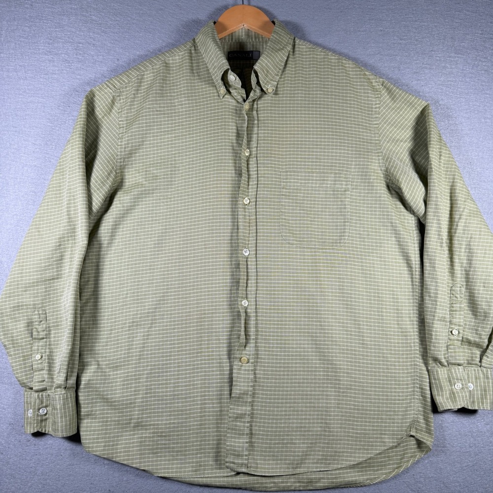Canali Mens Sage Green Micro Check Cotton Button‎ Down Shirt XL Made in Italy